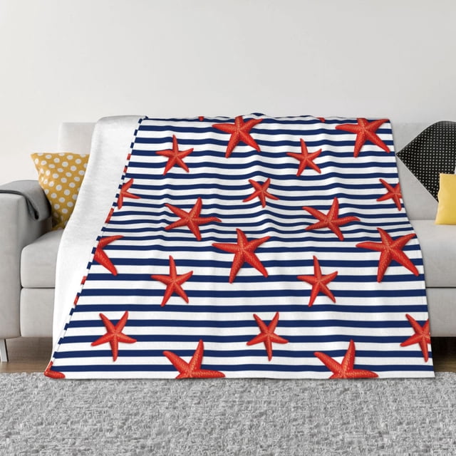 Fotbe Starfish Navy Blue Stripe Manta de Franela con Estampado, Manta Ultrasuave para Cama, Sofá, Auto, Hipoalergénica y Antibolitas-50"x40"
