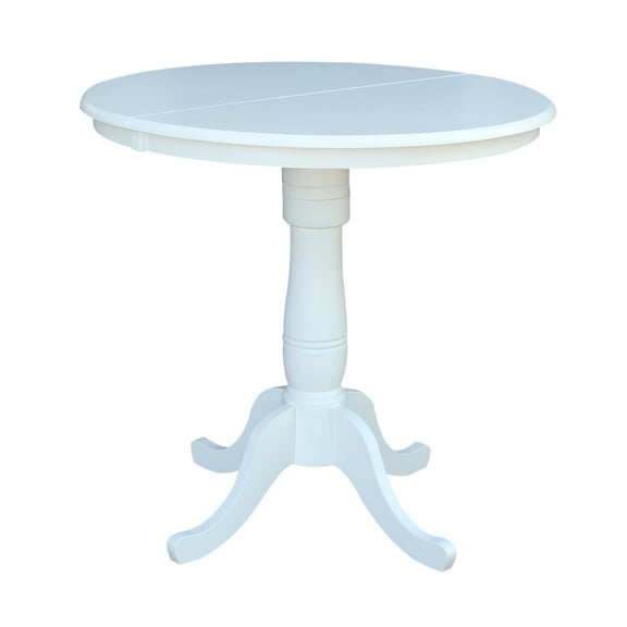 36" Round Solid Wood Pedestal Counter Height Dining Table With 12" Extension Leaf in White by International Concepts