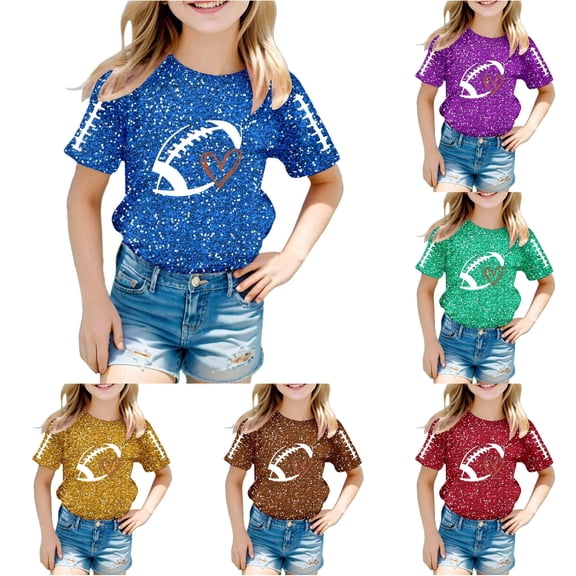 HCYSFG Girls Football T Shirts Heart Graphic Glitter Print Crewneck Short Sleeve Relaxed Fit Match Day Graphic Tees Sports Tops
