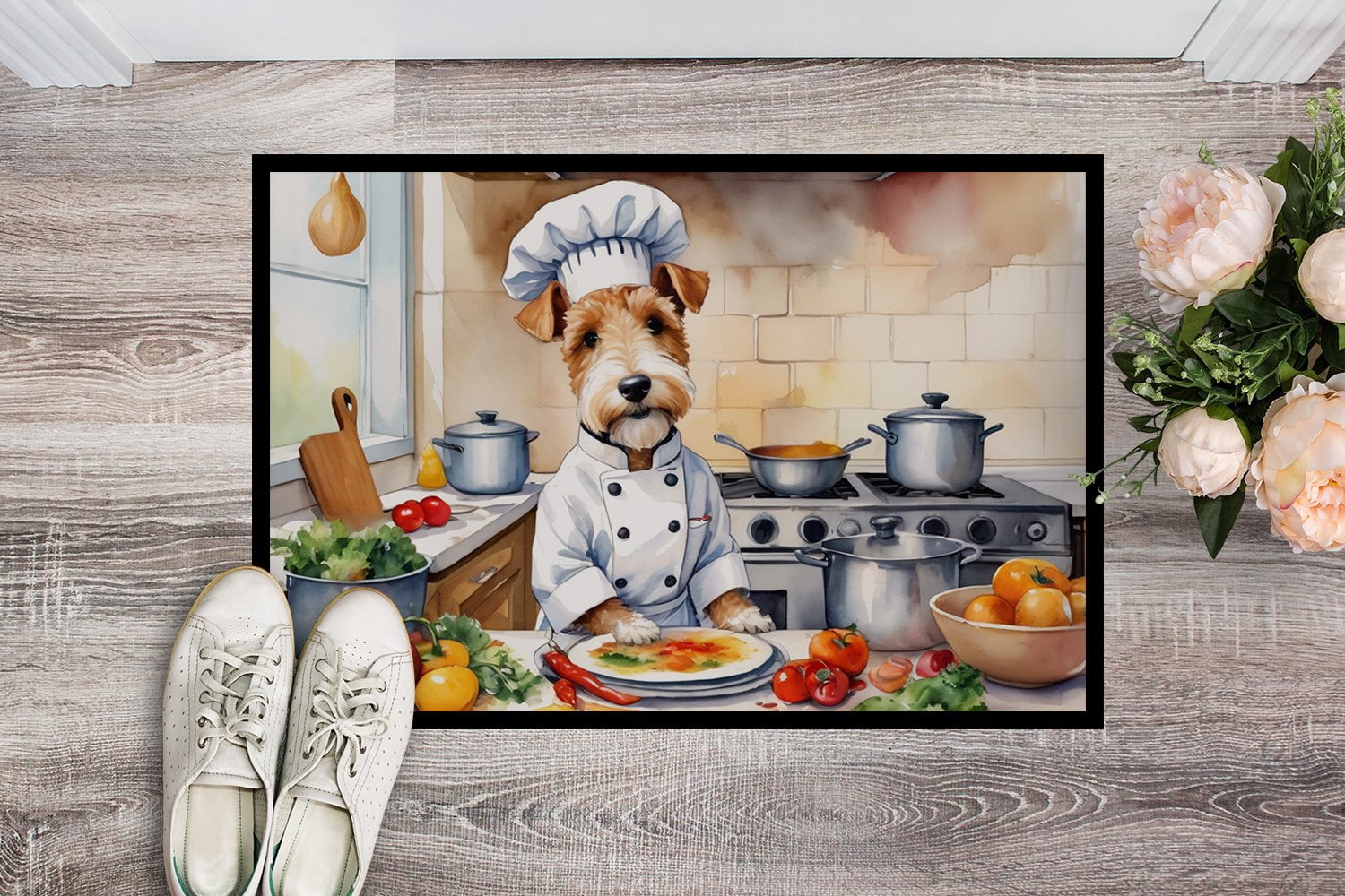 Caroline's Treasures DAC6250JMAT Fox Terrier The Chef Doormat Front Door Mat Indoor Outdoor Rugs for Entryway, Non Slip Washable Low Pile, 24H X 36W