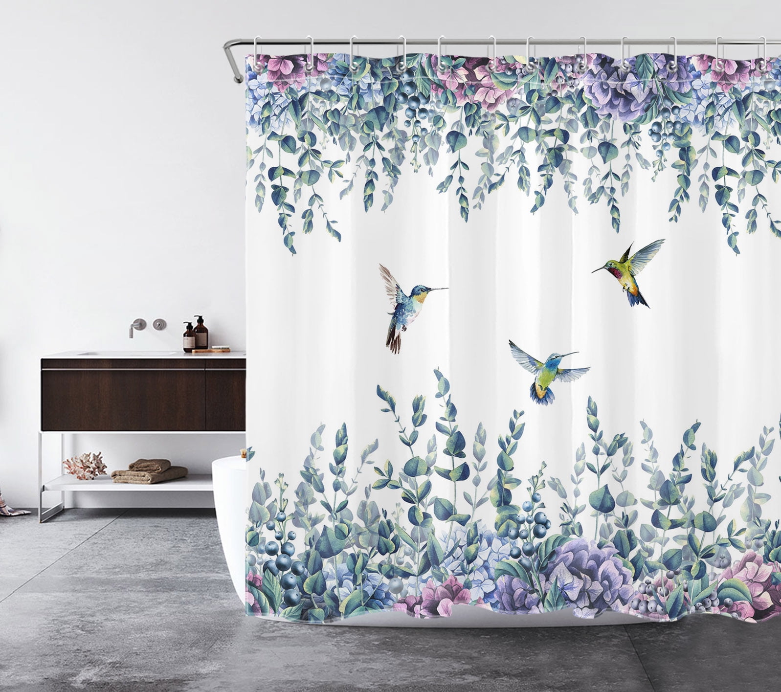 Eucalyptus Leaf Shower Curtain Watercolor Plant Hummingbird Purple Floral Bathroom Shower Curtain Nature Theme Home Decor Waterproof Durable Shower Curtain Accessories with 12 Hooks 72x72 Inches