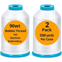 2-Pack Premium 90 WT Machine Embroidery Bobbin Thread White - Set of 2 X-Large Huge Polyester Cones 5500 Yards Each Spool Lint Free White Thread - Compatible with All Embroidery and Sewing Machines