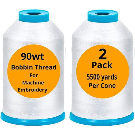 2-Pack Premium 90 WT Machine Embroidery Bobbin Thread White - Set of 2 X-Large Huge Polyester Cones 5500 Yards Each Spool Lint Free White Thread - Compatible with All Embroidery and Sewing Machines