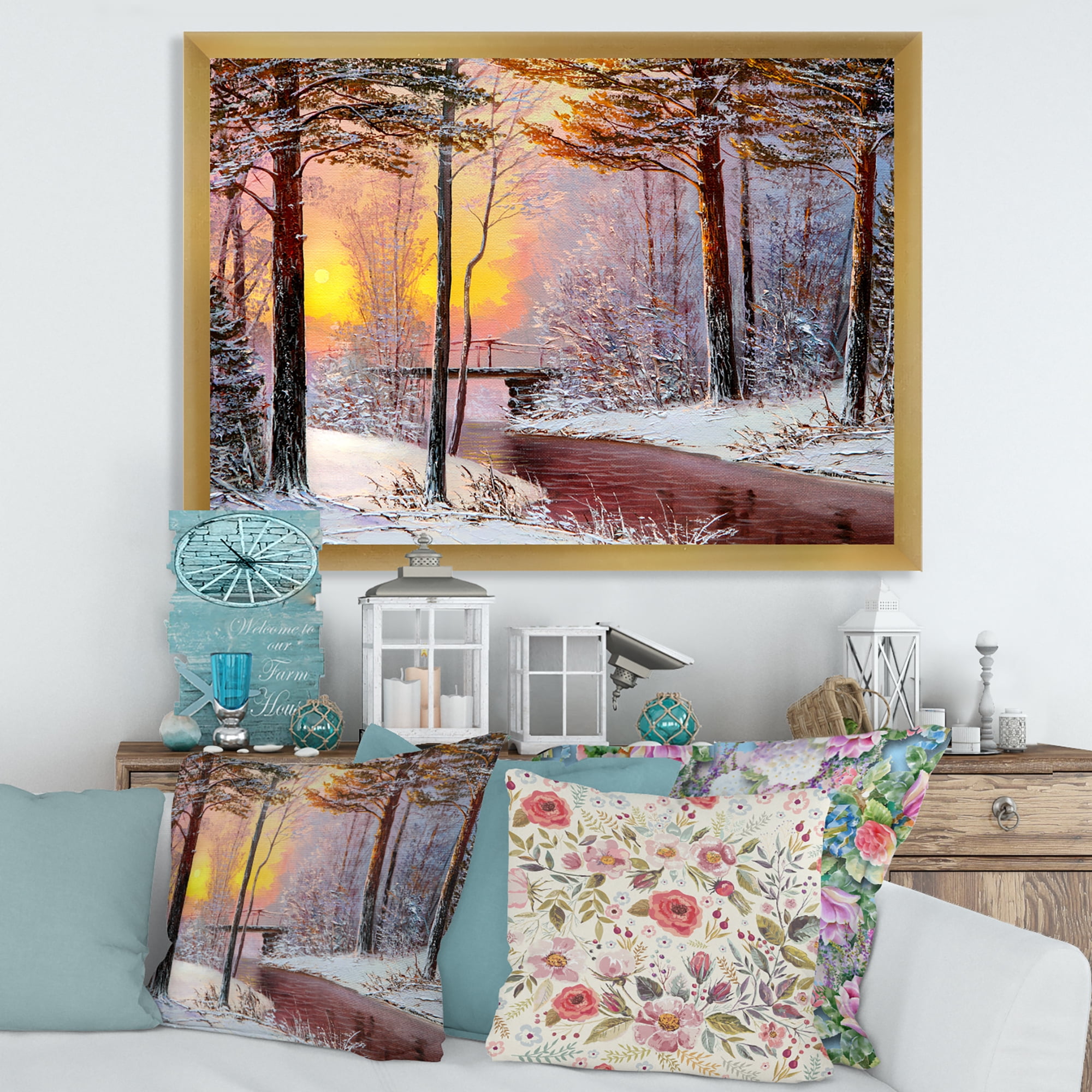 Designart 'Christmas Forest With Trees and River IV' Traditional Framed Art Print