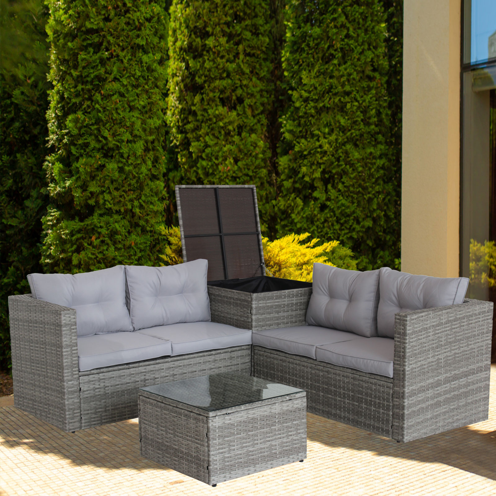 Outdoor Patio Furniture Set, 4-Piece Gray Wicker Patio Furniture Sets, Rattan Wicker Conversation Set w/L-Seats Sofa, R-Seats Sofa, Cushion box, Glass Dining Table, Padded Cushions, Beige, S1555 - image 3 of 10