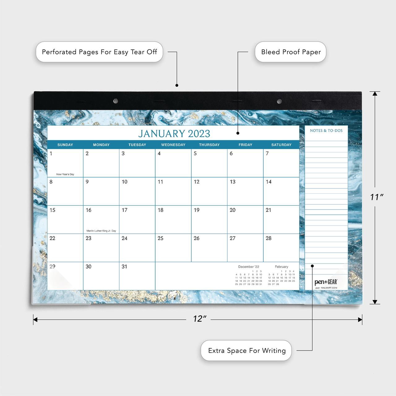 2023-12 Month Deskpad- Marble Border design Border-11x17 Tear off sheet calendar- by Pen + Gear
