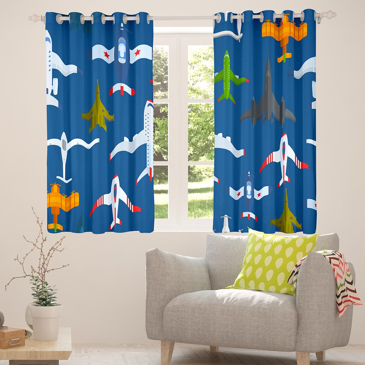 Airplane Blackout Curtains For Kids Room - Modern Military Plane Design, Room Darkening Drapes