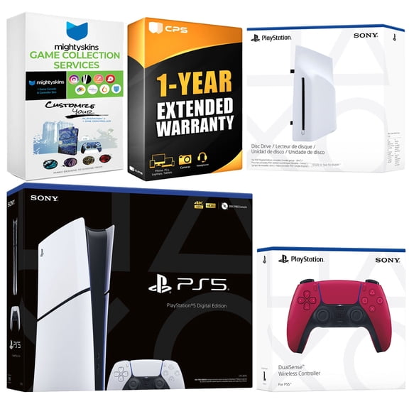 Sony PlayStation 5 Slim Digital Bundle with Disc Drive, Extra Controller, MightySkins Game Collection and 1 Year Extended Warranty - Cosmic Red