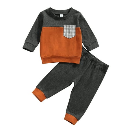 

Sunisery Autumn Baby Boys Clothes Sets 2Pcs Plaid Printed Patchwork Long Sleeve Pullover Tops Pants Grey 2-3 Years