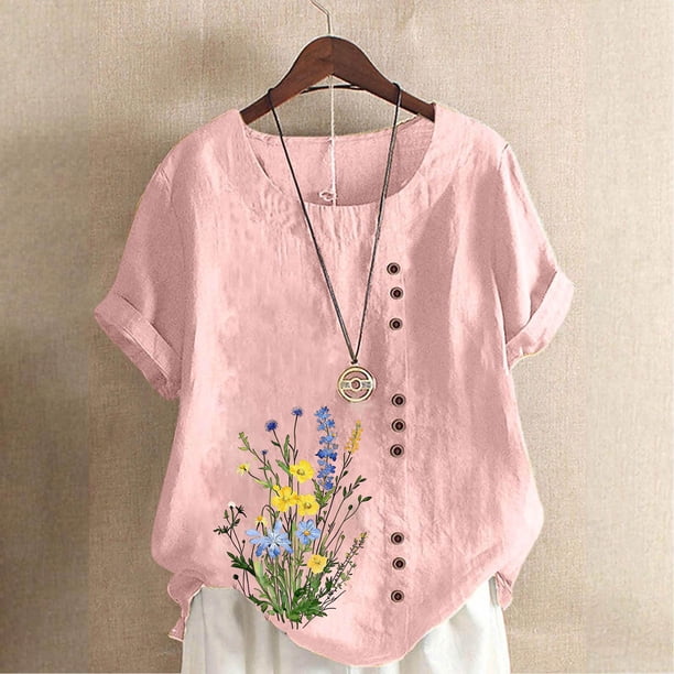TaTaai Casual Printed Button Blouse, Women's Short Sleeve Linen Feel T-Shirt, Comfortable Top for All Seasons Gift