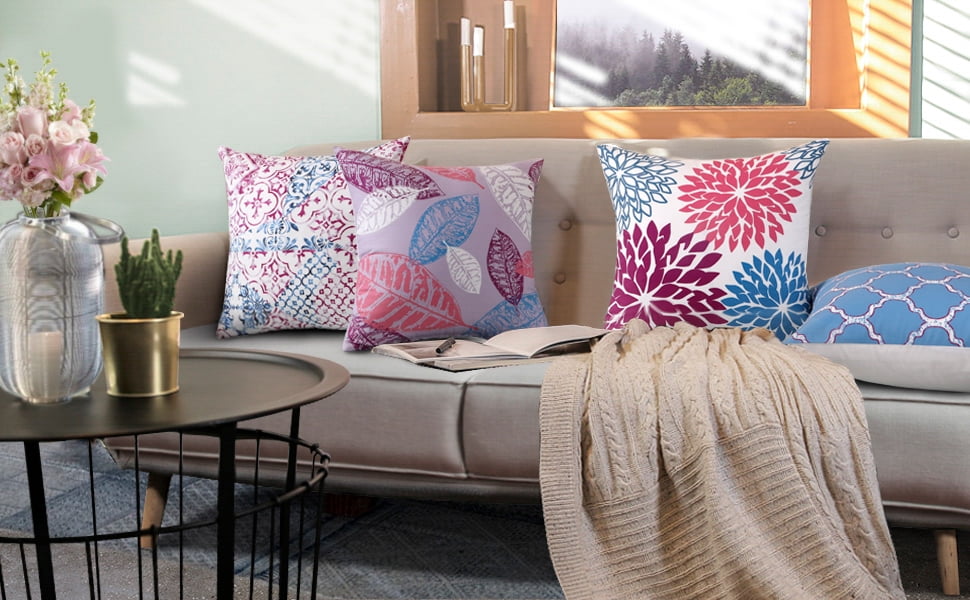 Phantoscope New Living Series Printing Square Cusion for Couch Decorative Throw Pillow, 18" x 18", Purple/Blue, 4 Pack