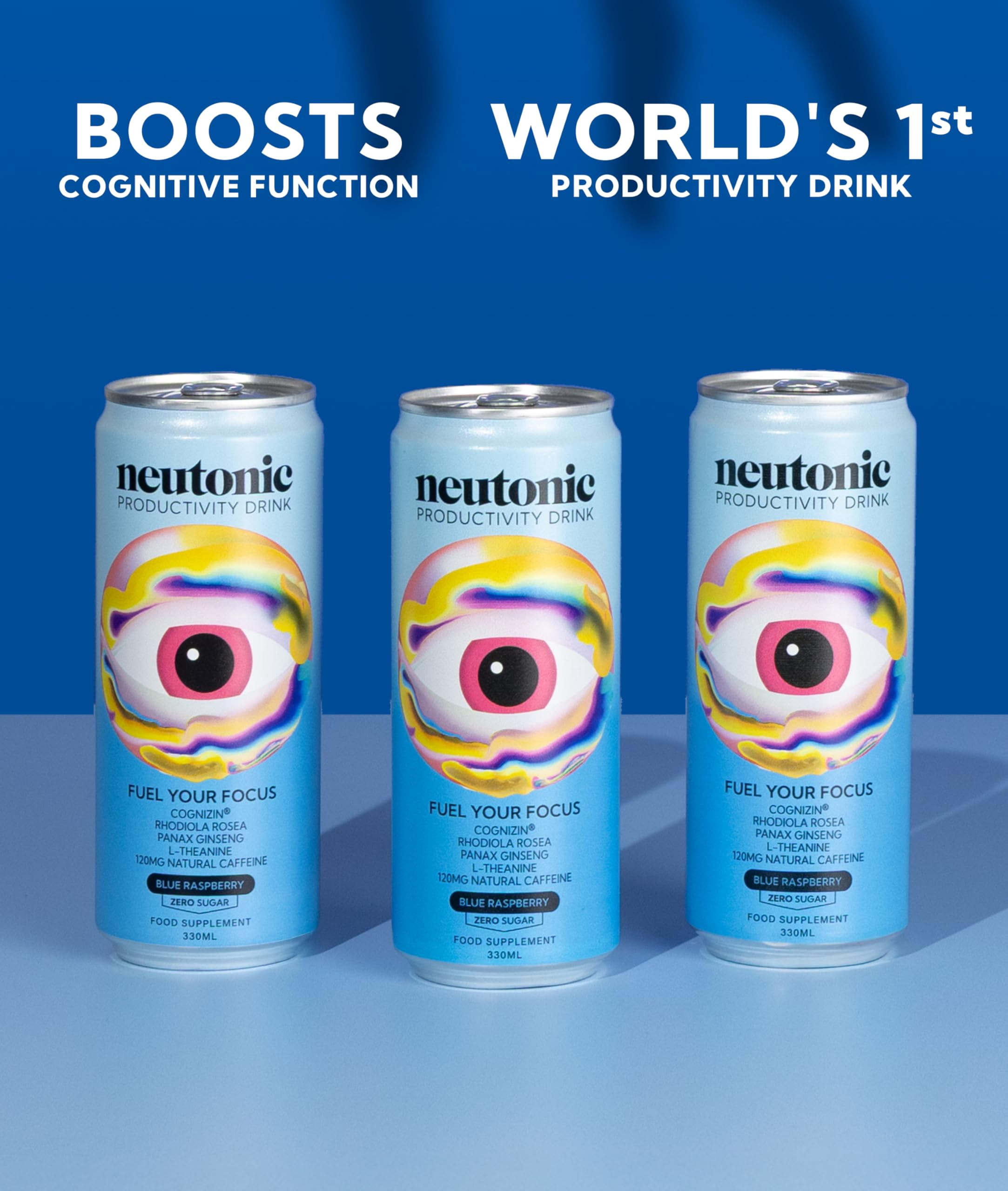 Neutonic Productivity Energy Drink, Boost Focus and Energy, Sugar Free, Science Backed Formula | 355 ML (12 cans) - Blue Raspberry