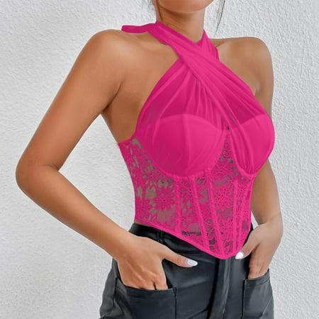 CHCNHAC Corset Tops for Women Floral Criss Cross Halter Tops Mesh Boned Lace Up Shapewear Bodysuit Cute Plus Size Victorian Corsets Hot Pink M