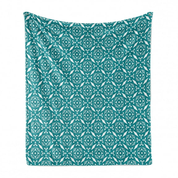 Persian Soft Flannel Fleece Throw Blanket, Moroccan Geometrical Style Illustration with Oriental Floral Swirl Details, Cozy Plush for Indoor and Outdoor Use, 70" x 90", Teal White, by Ambesonne