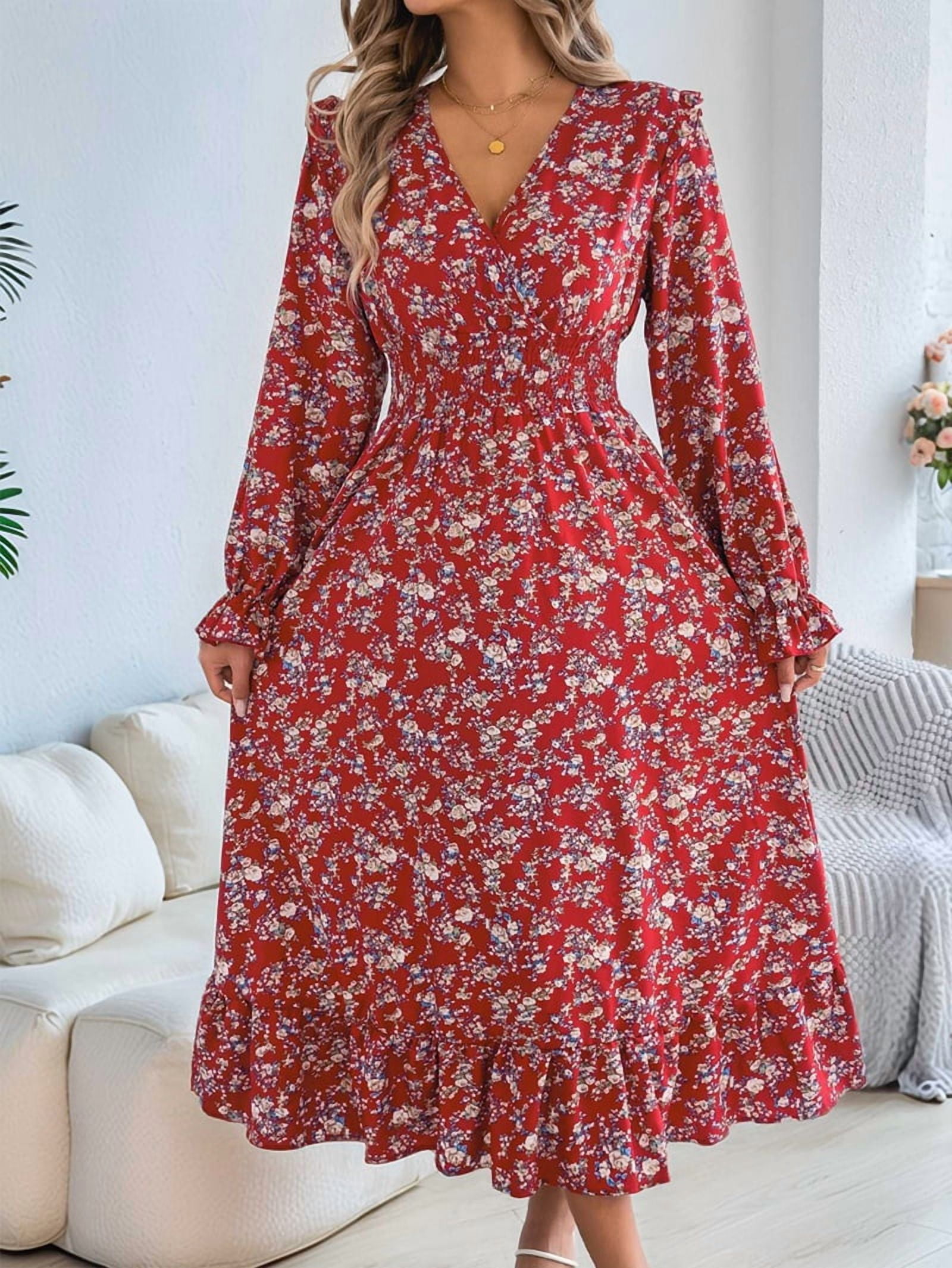 Women'S Long Sleeve Floral Print V-Neck Ruffle Hem Maxi Dress Shirred Waist Red M
