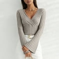 thumbnail image 2 of zaveiop Women's Long Sleeve Bodysuit Tops Wrap V Neck Ribbed Knit Jumpsuit (Khaki, XS), 2 of 9