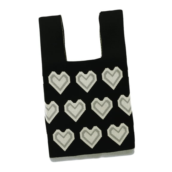 Unique Bargains 1 Pc Reusable Mesh Net Grocery Tote Bags Heart Shape Black Beige 14.17"x7.87" for Shopping