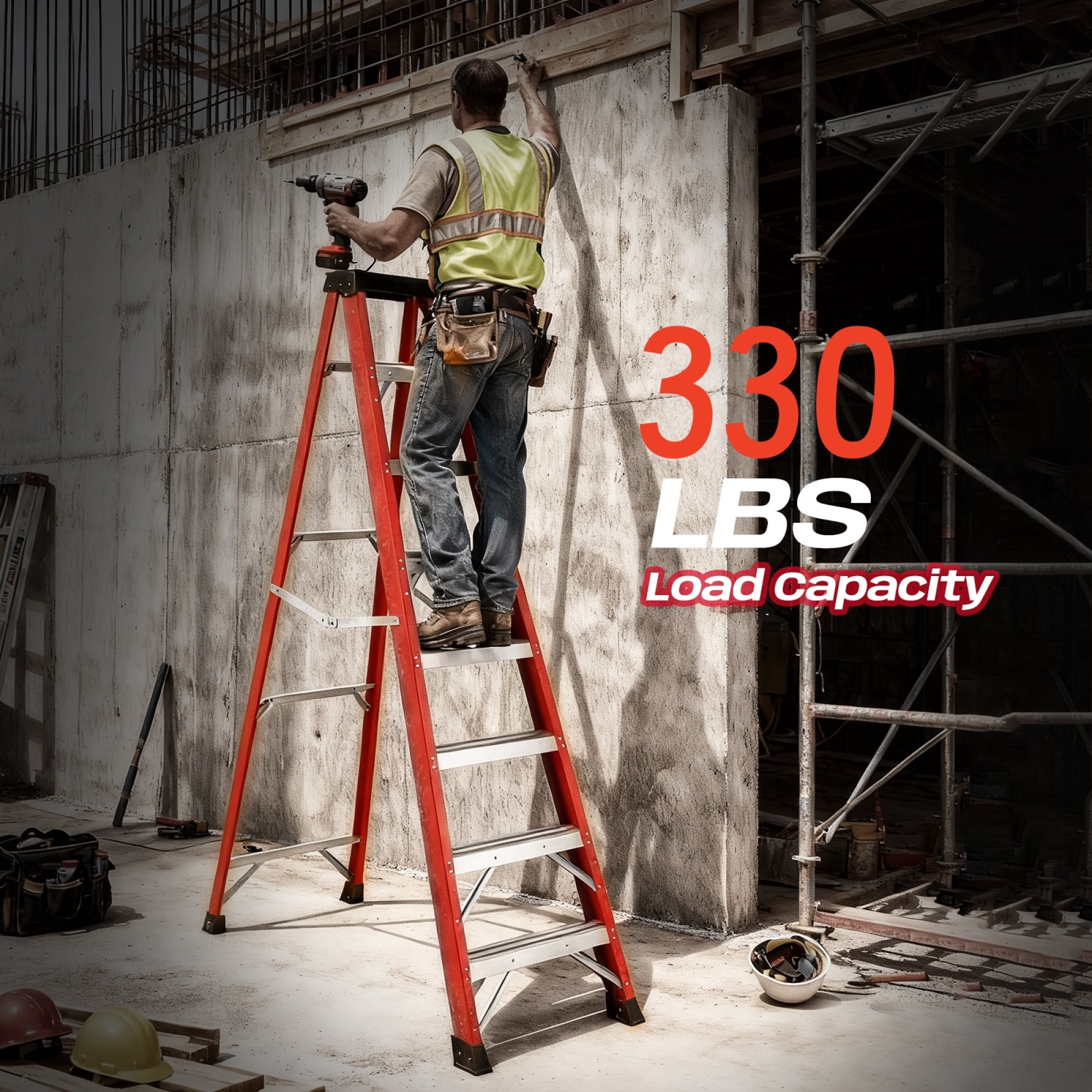 Leumius 7 Steps Fiberglass Ladder with a Load Capacity of 330 Pounds, Equipped with a Tool Tray for Electrical Engineering Ladder Structure Insulation Ladder Red