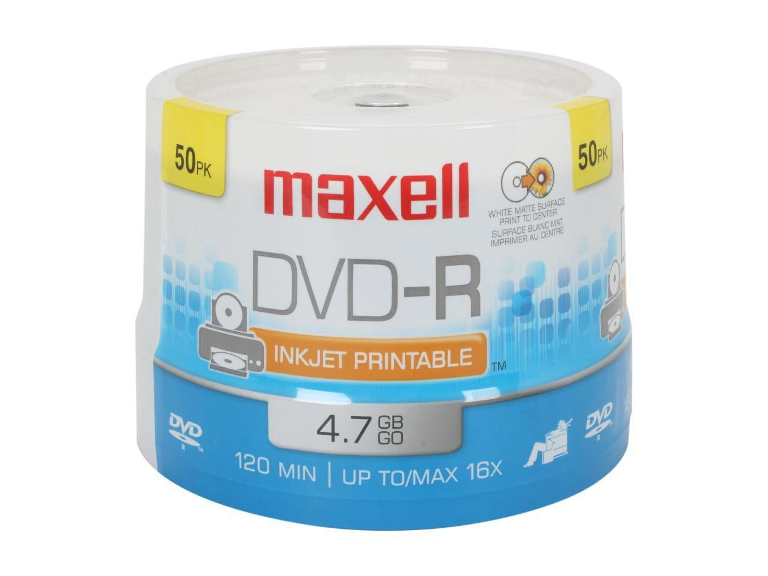 Maxell Printable Spindle Rewritable DVD Disc, 4.7 GB, 120 min, 16X, White Matte, Pack of 50
