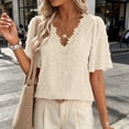 thumbnail image 2 of VBVC Women's Floral Lace Dot V Neck Blouse , Ladies' Ruffle Short Sleeve Casual Top , Eyelet Textured Shirts For Women,Beige,S-2XL, 2 of 8