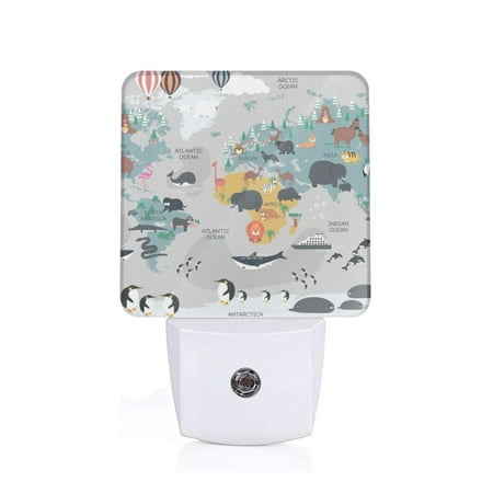 

Sigee The World Map with Cartoon Animals for Night Lights Plug into Wall Dusk to Dawn Sensor Warm White Led Night Light 0.5W for Kid Hallway