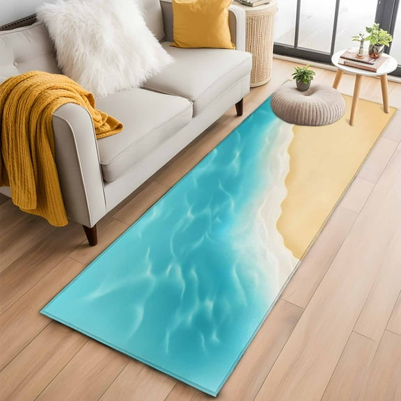 Aqua Blue Beach Kitchen Runner Rug 2x6 Washable Runners for Hallway Non Slip Summer Seaside Ombre Large Area Rug Indoor Floor Carpet for Bathroom Laundry Entryway Bedroom Living Room