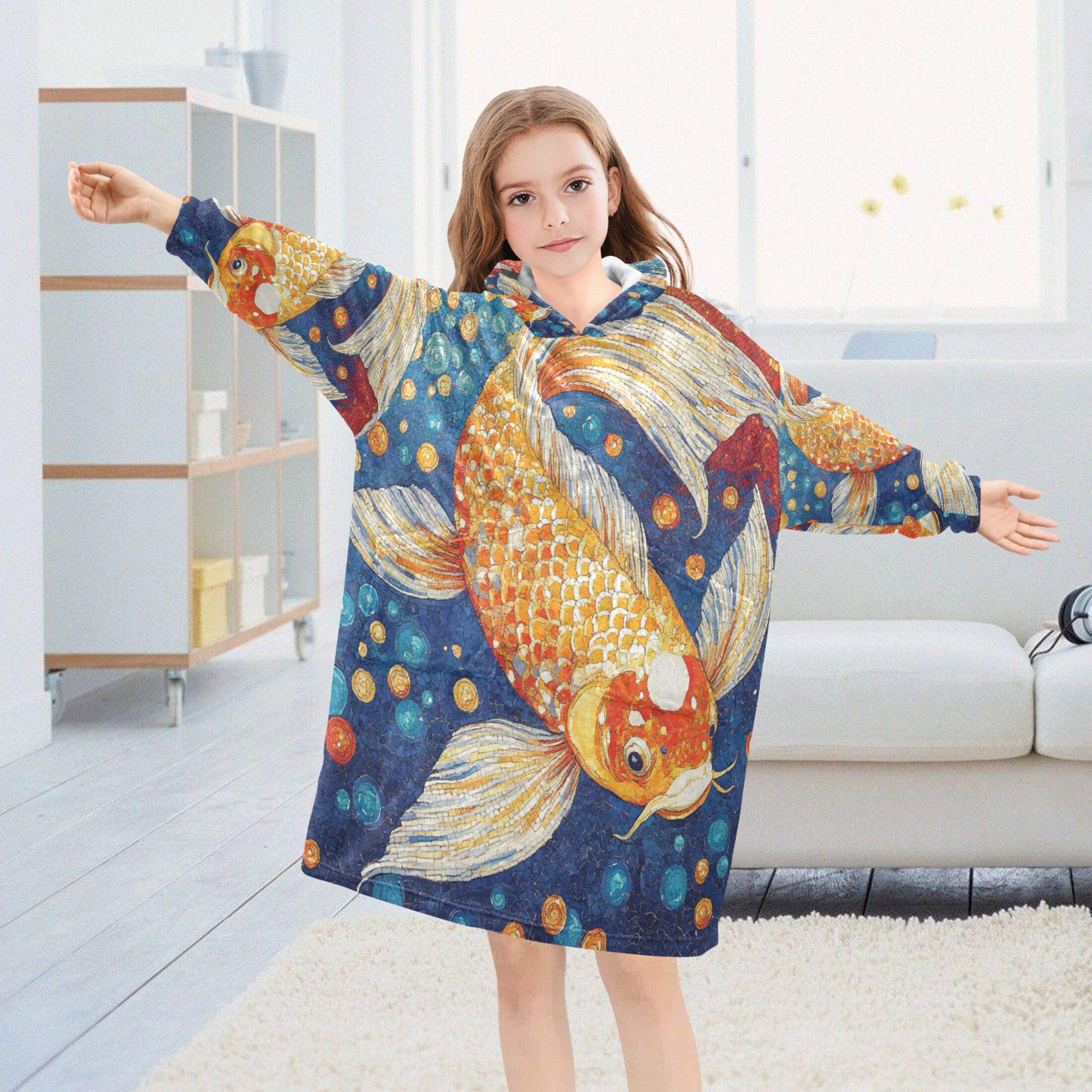 YAZAOO Kids Wearable Blanket Hoodie Warm and Cozy Radiant Koi Flannel Sweatshirt
