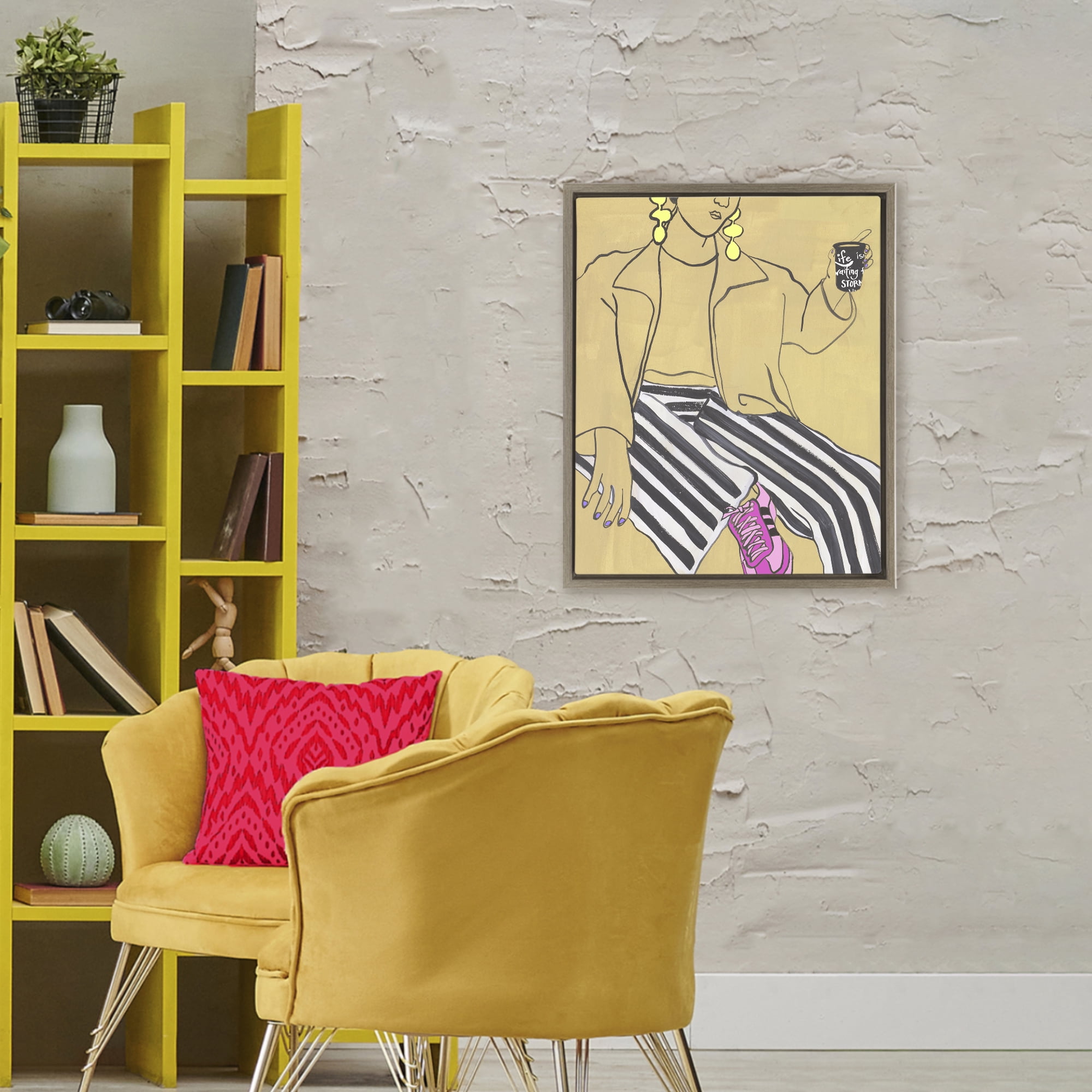 Stupell Industries Fashion Girl in Stripes Brown Framed Floater Canvas Wall Art, design by Melissa Wang