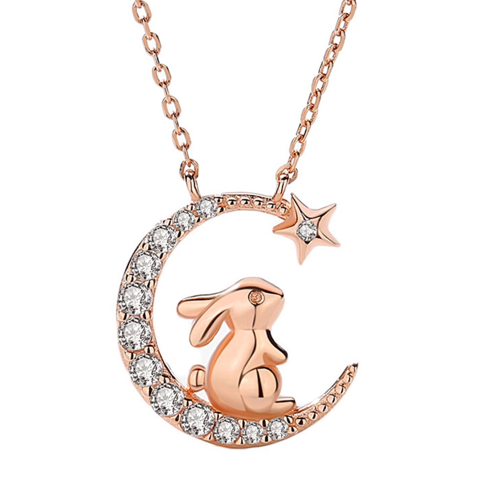 Necklace Bunny Rabbit Pendant Sparkling Animal Chain Moon Necklace Bunny Rabbit Pendant Sparkling Animal Chain Moon