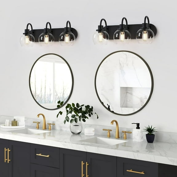 Licperron 3-Light Matte Black Vanity Light with Clear Glass Globe Shade