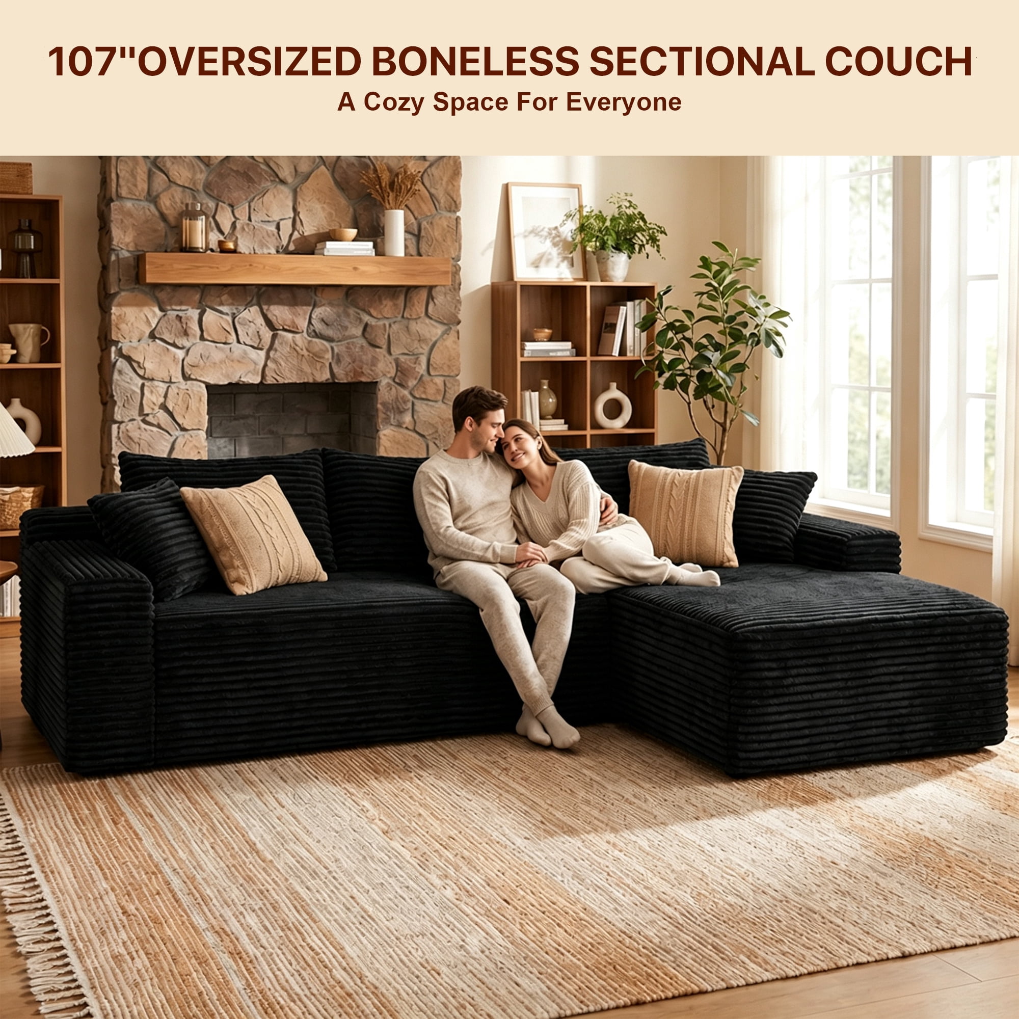 Aukfa 108" Cloud Sectional Sofa Deep Seat Boneless Couch Modular L-Shaped Couch, Rihgt Chaise Corduroy Sofa for Living Room, Blue