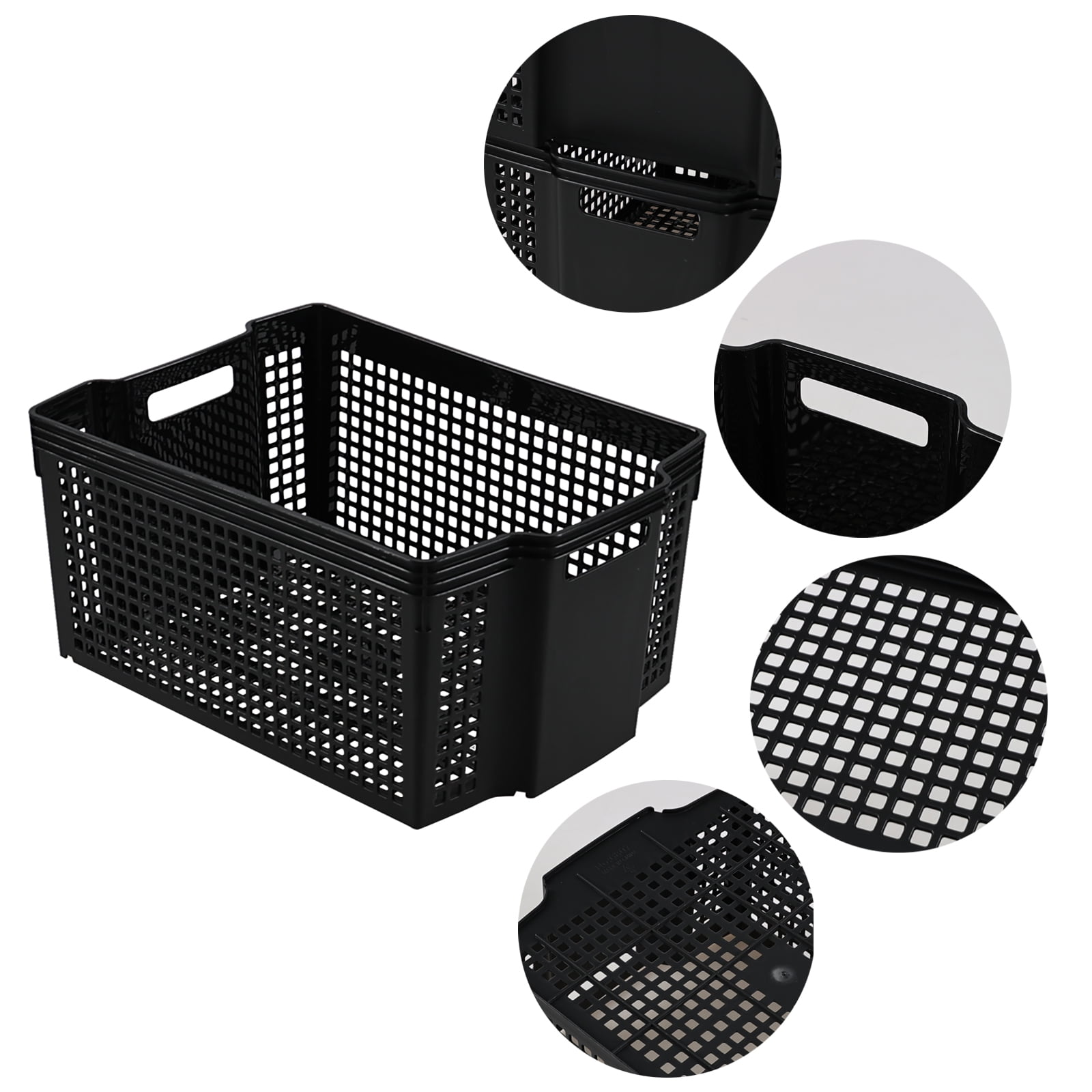 CadineUS 6-Pack Plastic Stackable Baskets with Handles, Rectangle Plastic Storage Basket, Black