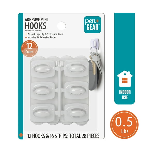 Pen+Gear Heavy-Duty Plastic Adhesive Mini Wall Hooks, Damage Free, White, 12 Count