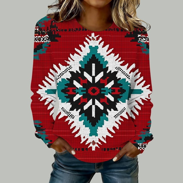 TaTaai Women Fashion Retro Western Graphic Print Round Neck Regular Shoulder Long Sleeve Sweatshirt Casual Loose Soft Top for Daily Streetwear Office Spring Winter Gift
