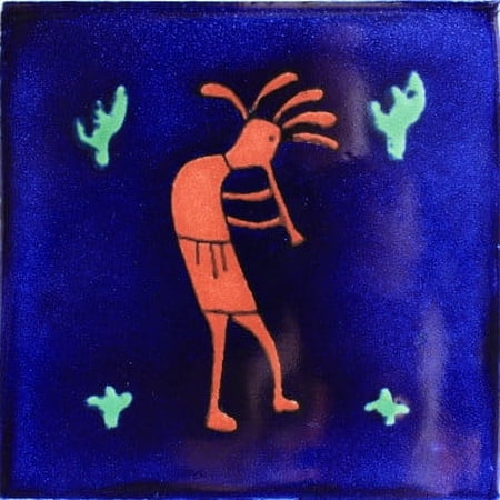 4.2x4.2 Blue Kokopelli Talavera Mexican Tile, Set of 9 pcs