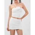 thumbnail image 5 of Yunliwuli Women Summer Skirts Outfits Solid Color 3D Flower Ruched Tie-Up Halter Neck Tank Tops Mini Skirts 2 Pieces Clothes Set, 5 of 10