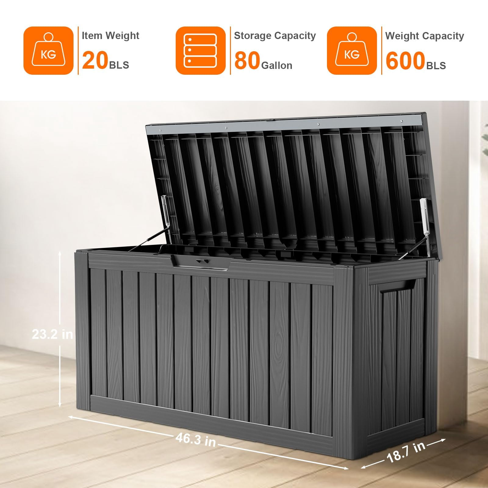 Miniyam 80 Gallon Resin Deck Box, Outdoor Storage Box, Gardening Tools, Lockable, Waterproof, Black