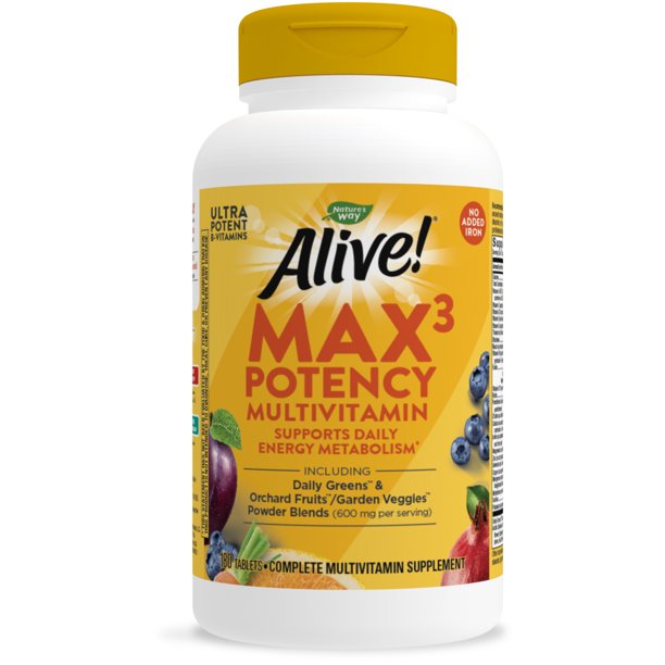 Nature's Way Alive! Max3 Potency Multivitamin, High Potency BVitamins, No Iron, 180 Tablets