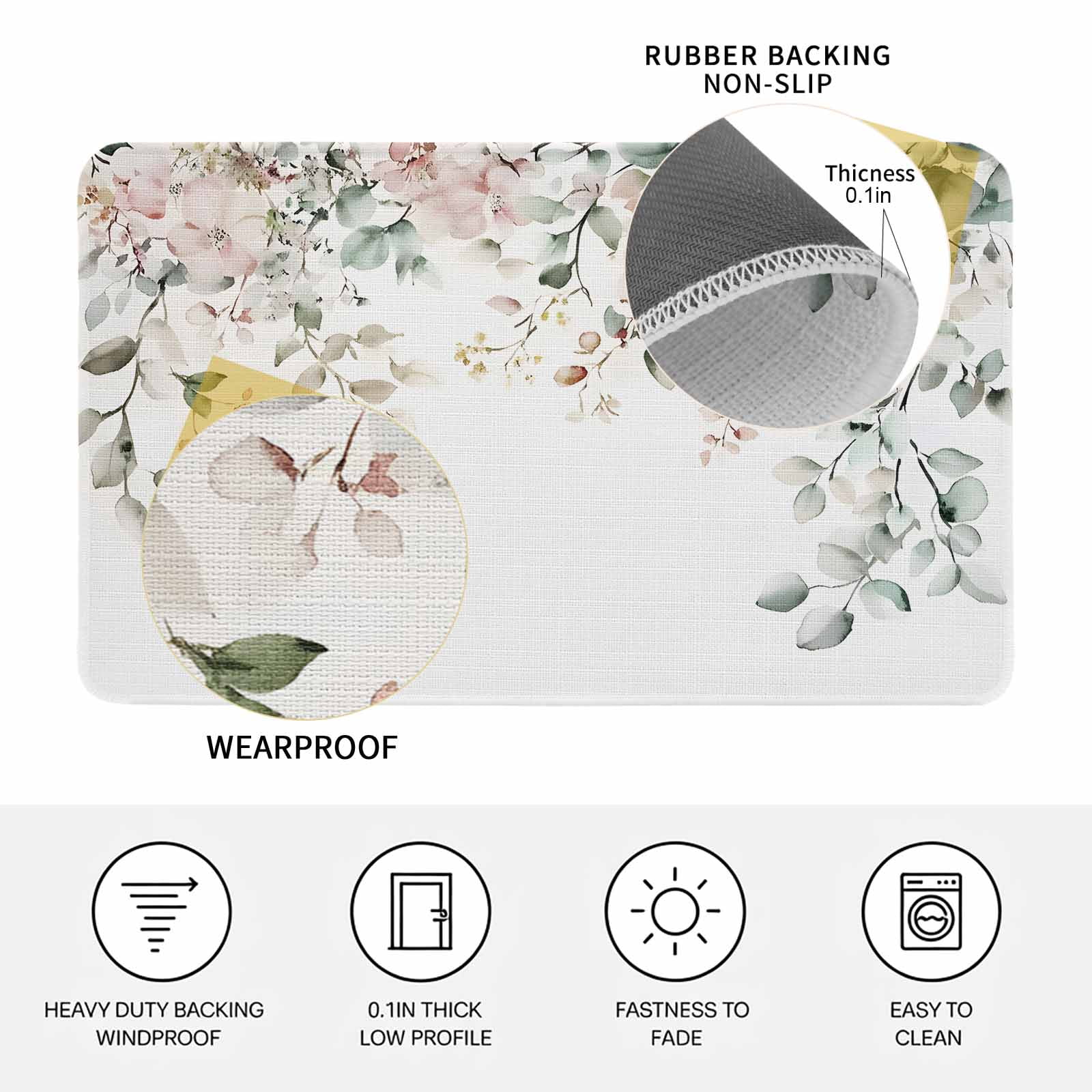 Eucalyptus Floral Doormat Outdoor Entrance 24"x36", Spring Summer Botanical Absorb Moisture Dirt Door Mats, Non-Slip Rubber Backing Floor Mats Indoor, Low-Profile Front Door Rugs