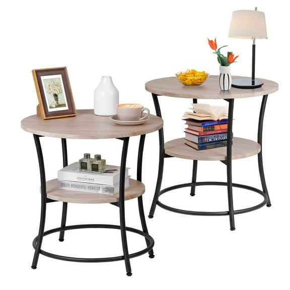 HOWEN 2PCS Wooden Round Side End Tables, 2-Tier Sofa Accent Table with Metal Frame in Natural Finish, Set of Two Nesting Tables for Living Room