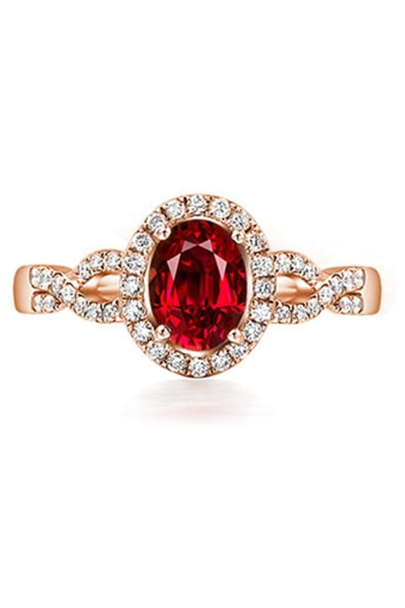 Art Deco 2 Carat 8x6mm Oval Shape Halo Red Ruby And Moissanite Diamond Engagement Ring in 10k Rose Gold