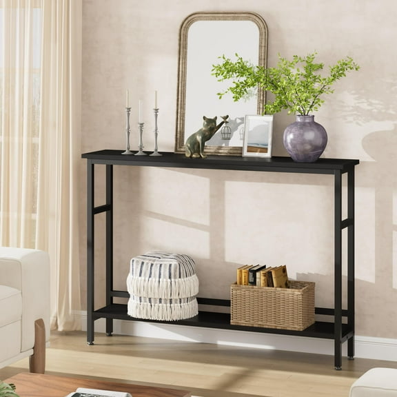 EcoSummer 5.9" Slim Console Table, 2-Tier Narrow Sofa Table with Adjustable Shelf, Space-Saving Entryway Table for Hallway, Living Room, or Behind Couch, Black