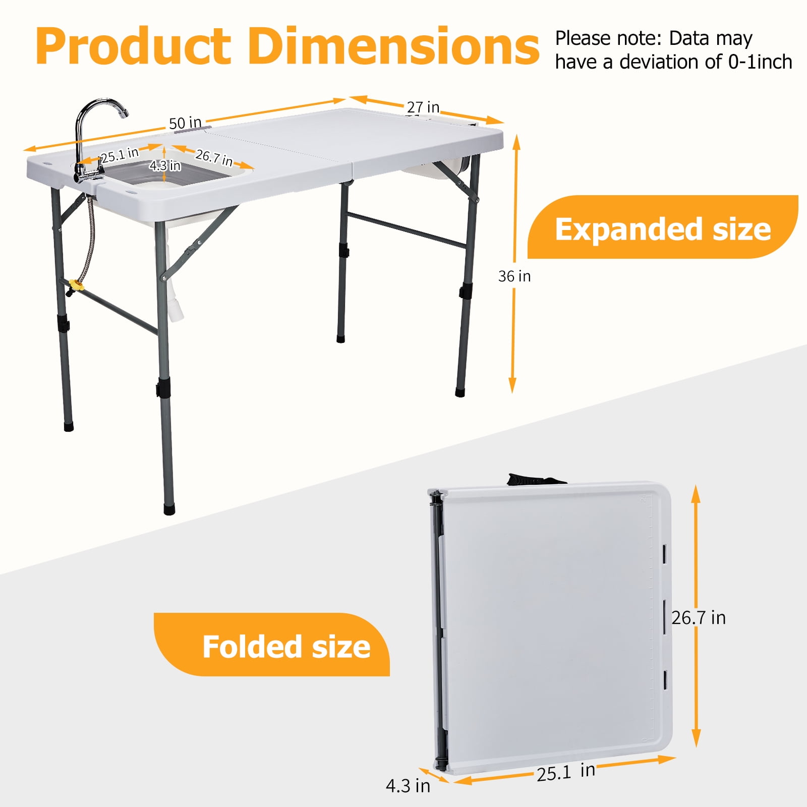 Folding Fish Cleaning Table, HDPE All-in-One Outdoor Sink Station, Heavy-Duty Stable Frame Portable Table with Faucet Trash Bin Storage Bag for Campsite Fishing Backyard Tailgate