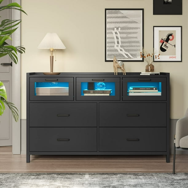 Black 7 Drawer Dressers with LED Lights, Wooden Long Dresser for