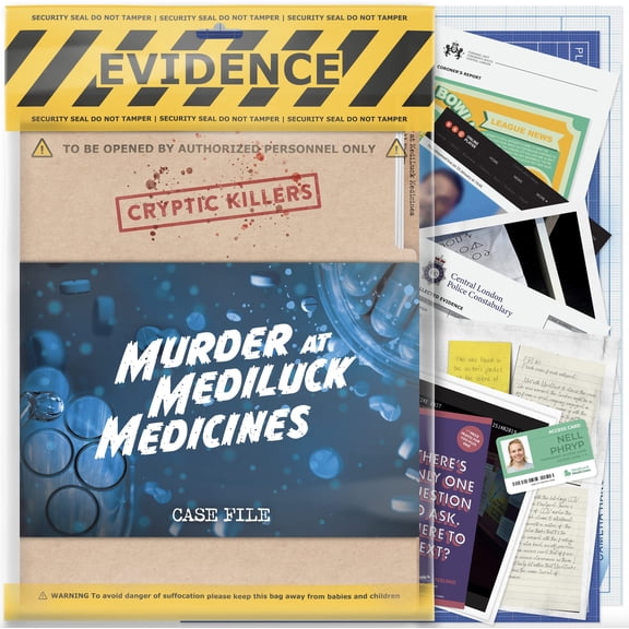 Cryptic Killers Murder Mystery Game - Murder at Mediluck Medicines Cold Unsolved Case File Games for Adults