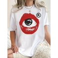 thumbnail image 1 of 1pc Women'S Casual Geometric Eye & Lips Print T-Shirt, Round Neck, Short Sleeve, Polyester Knit Fabric, Comfortable All-Season Fashion Top, 1 of 6