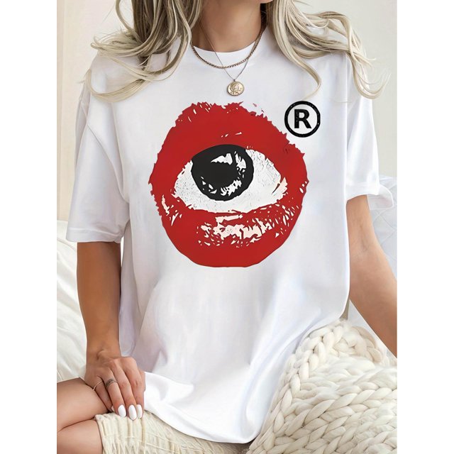 1pc Women'S Casual Geometric Eye & Lips Print T-Shirt, Round Neck, Short Sleeve, Polyester Knit Fabric, Comfortable All-Season Fashion Top