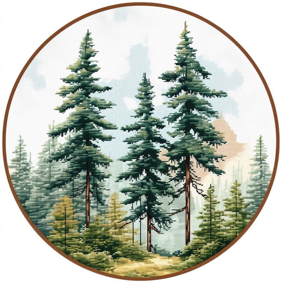Pine Trees DIY Stamped Cross Stitch Kits for Beginners Easy with Hoop 11CT Needlepoint Embroidery Counted Cross Stitch Kits Art Craft Wall Decor and Gift 35x35cm(5)