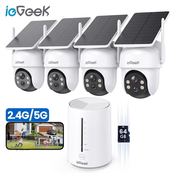 ieGeek 2K/4MP QHD Outdoor Home Security Camera System Solar, Wireless, 2.4G/5G WiFi, 360° PTZ View, No Subscription Fees, Local Storage, PIR Detection, Waterproof, Security Camera System
