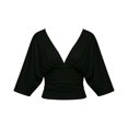 thumbnail image 4 of ClodeEU Women's Deep V Neck Batwing Short Sleeve Ruched Waist Crop Knit Top,Casual Fitted Wrap Front Blouse Black,Women's Plus L, 4 of 5